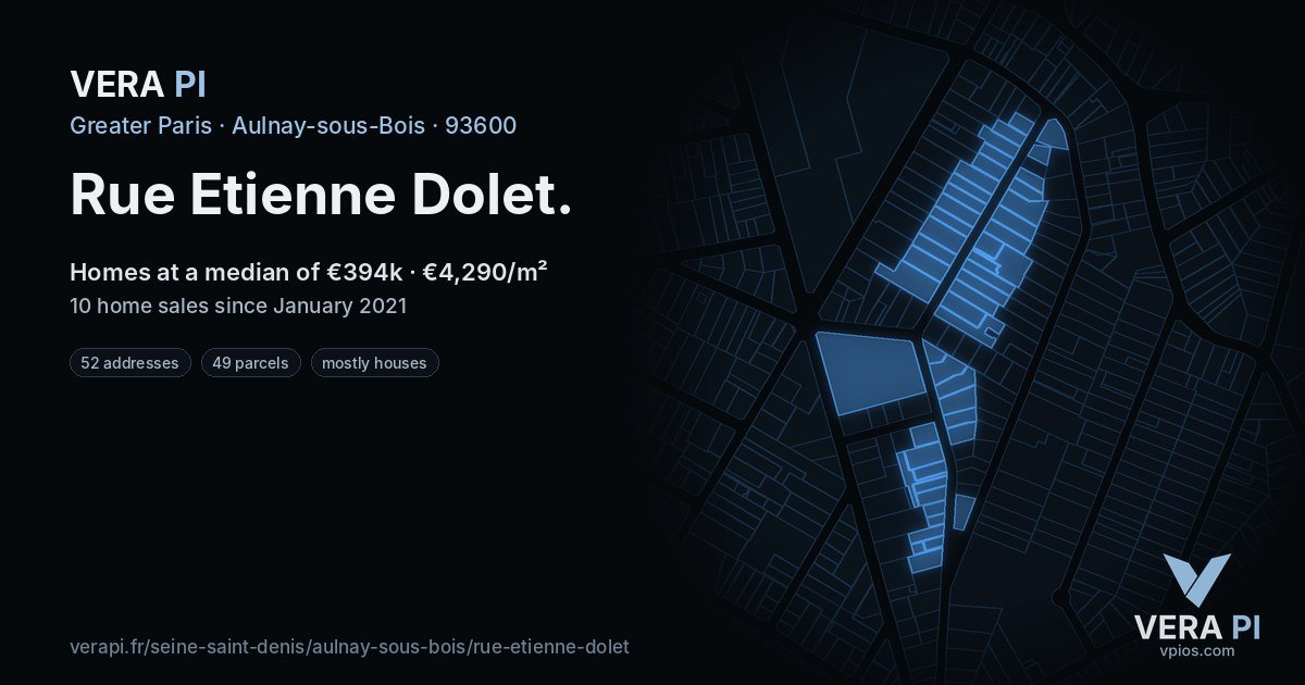 Rue Etienne Dolet, Aulnay-sous-Bois at night – every parcel coloured by the prices around it, the street's own parcels lit