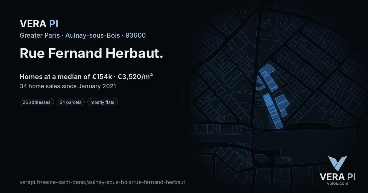 Rue Fernand Herbaut, Aulnay-sous-Bois at night – every parcel coloured by the prices around it, the street's own parcels lit