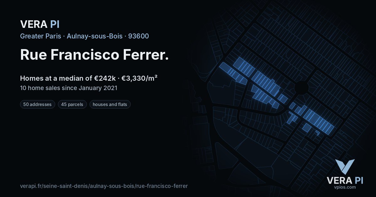 Rue Francisco Ferrer, Aulnay-sous-Bois at night – every parcel coloured by the prices around it, the street's own parcels lit