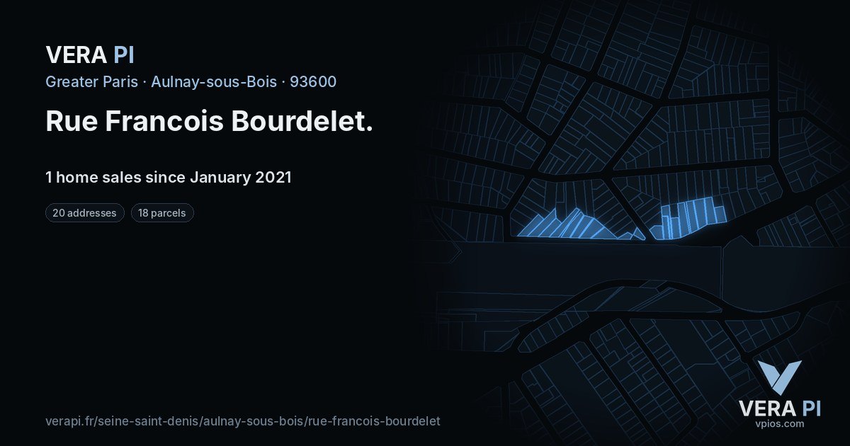 Rue Francois Bourdelet, Aulnay-sous-Bois at night – every parcel coloured by the prices around it, the street's own parcels lit