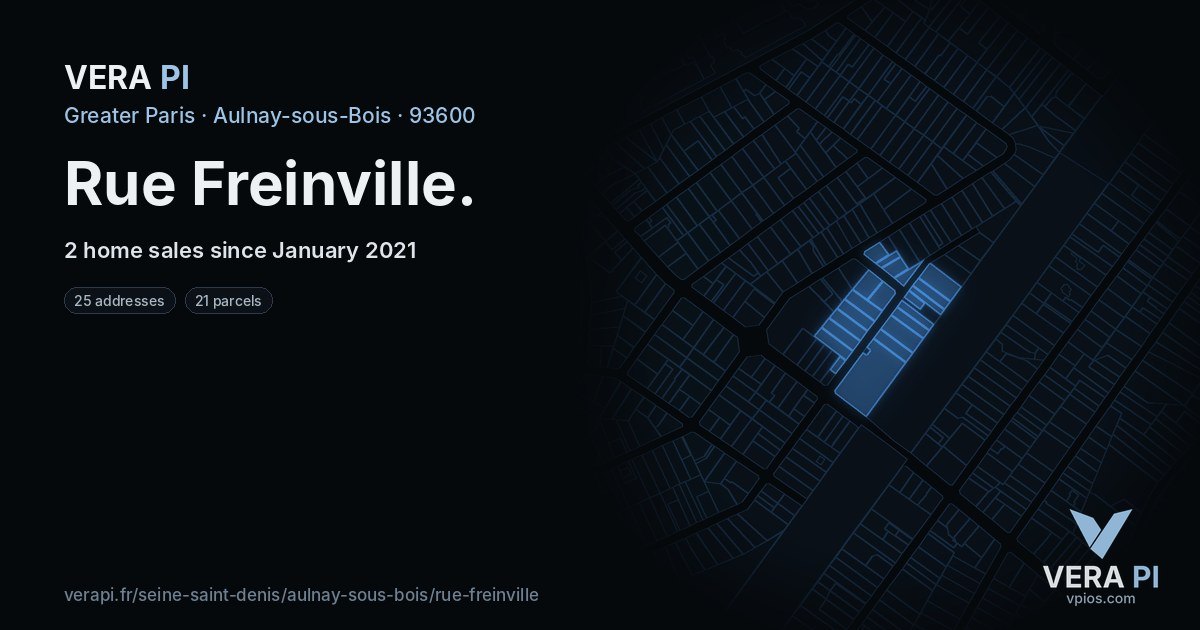 Rue Freinville, Aulnay-sous-Bois at night – every parcel coloured by the prices around it, the street's own parcels lit