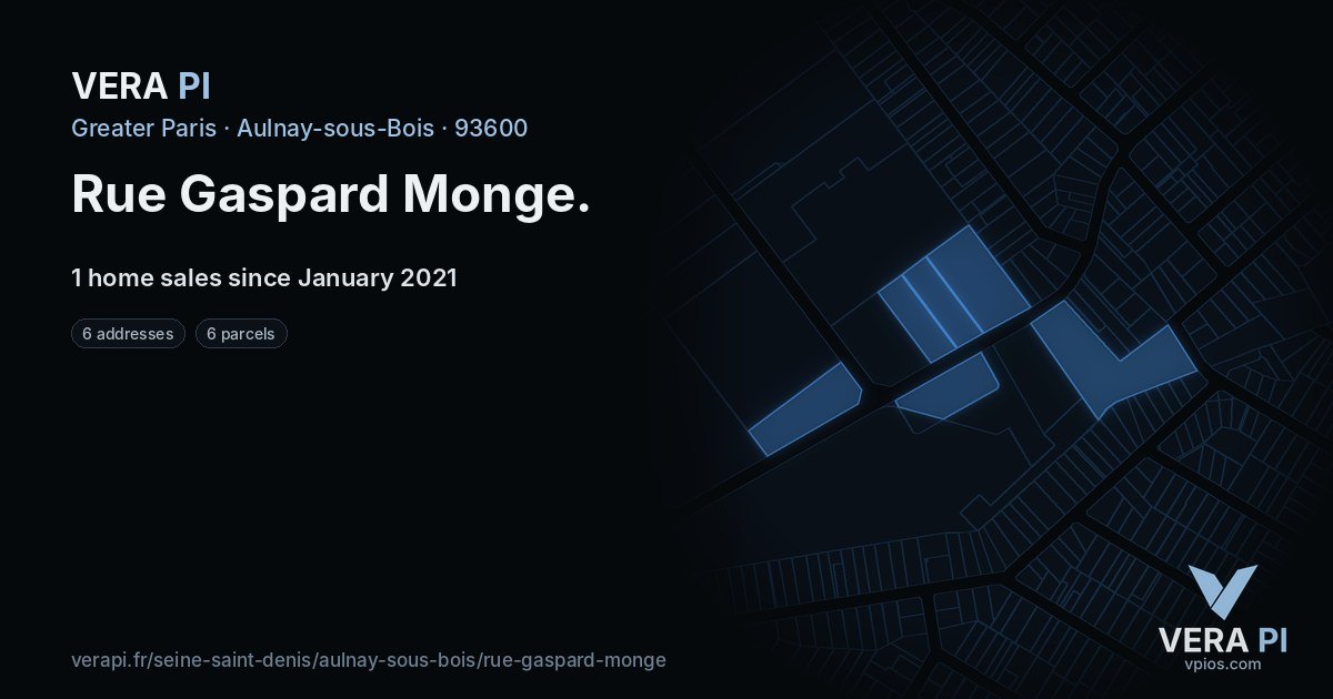 Rue Gaspard Monge, Aulnay-sous-Bois at night – every parcel coloured by the prices around it, the street's own parcels lit