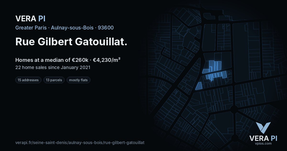 Rue Gilbert Gatouillat, Aulnay-sous-Bois at night – every parcel coloured by the prices around it, the street's own parcels lit