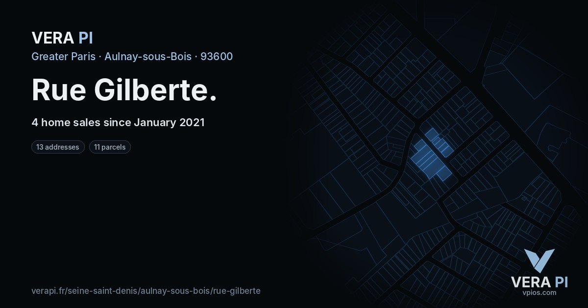 Rue Gilberte, Aulnay-sous-Bois at night – every parcel coloured by the prices around it, the street's own parcels lit