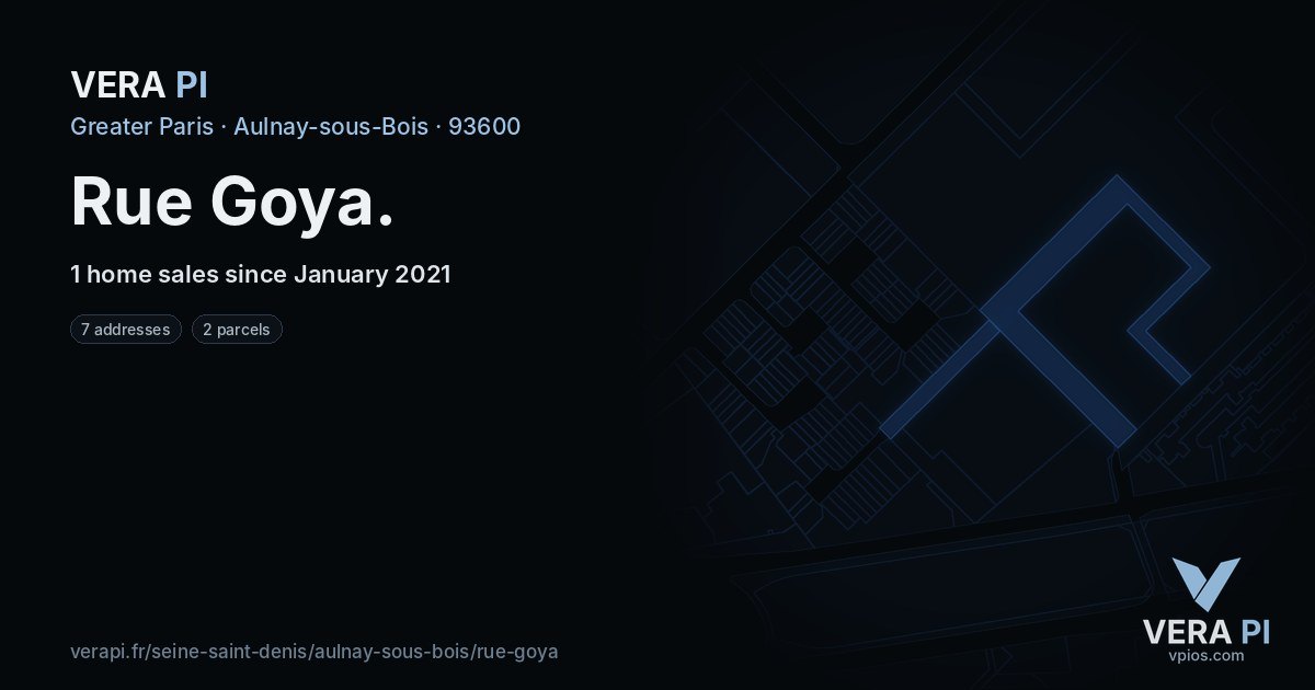 Rue Goya, Aulnay-sous-Bois at night – every parcel coloured by the prices around it, the street's own parcels lit