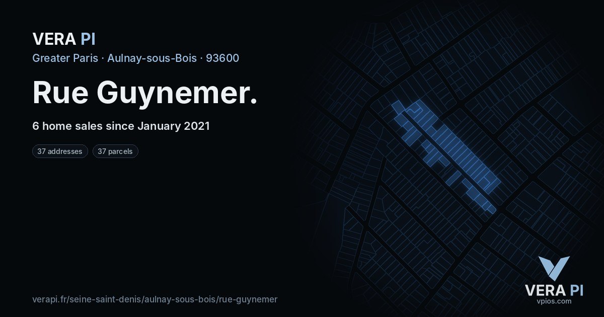 Rue Guynemer, Aulnay-sous-Bois at night – every parcel coloured by the prices around it, the street's own parcels lit