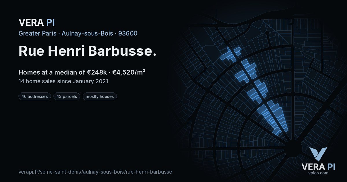 Rue Henri Barbusse, Aulnay-sous-Bois at night – every parcel coloured by the prices around it, the street's own parcels lit