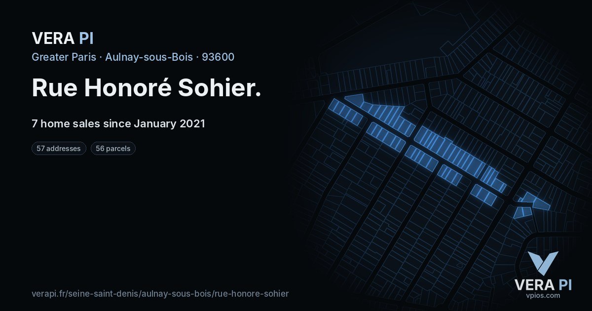 Rue Honoré Sohier, Aulnay-sous-Bois at night – every parcel coloured by the prices around it, the street's own parcels lit