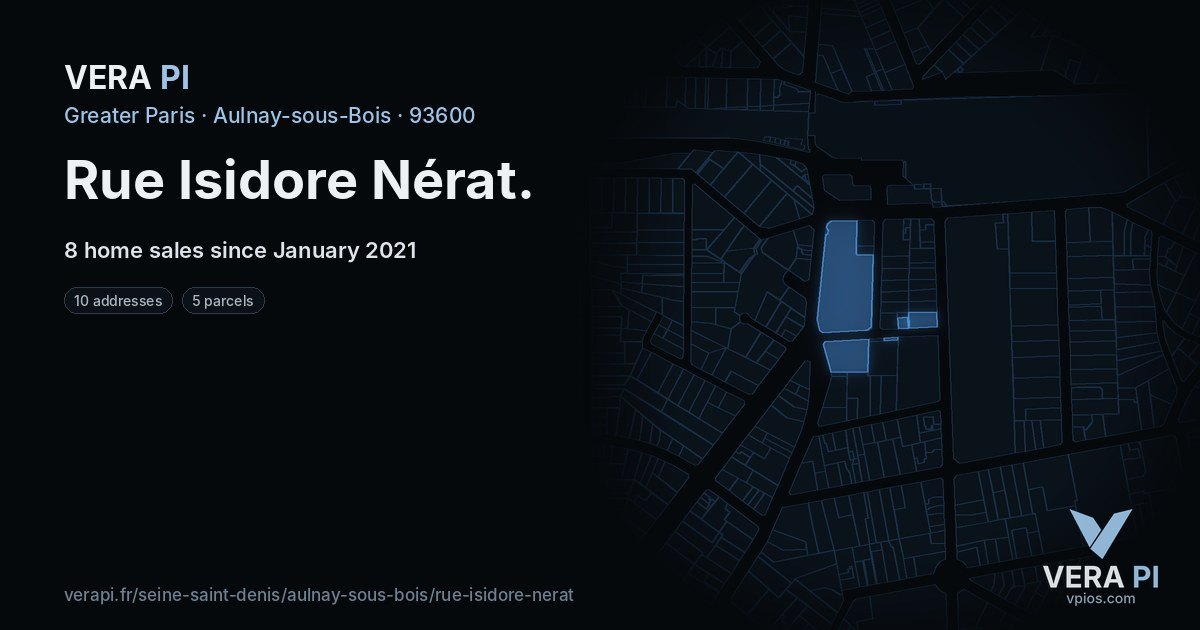 Rue Isidore Nérat, Aulnay-sous-Bois at night – every parcel coloured by the prices around it, the street's own parcels lit