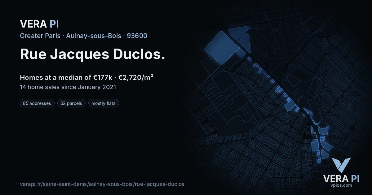 Rue Jacques Duclos, Aulnay-sous-Bois at night – every parcel coloured by the prices around it, the street's own parcels lit