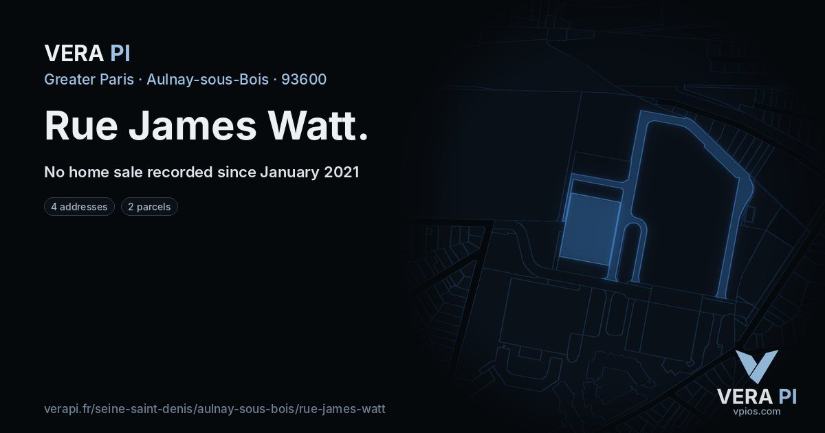 Rue James Watt, Aulnay-sous-Bois at night – every parcel coloured by the prices around it, the street's own parcels lit