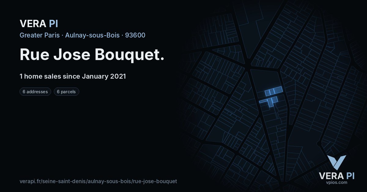 Rue Jose Bouquet, Aulnay-sous-Bois at night – every parcel coloured by the prices around it, the street's own parcels lit
