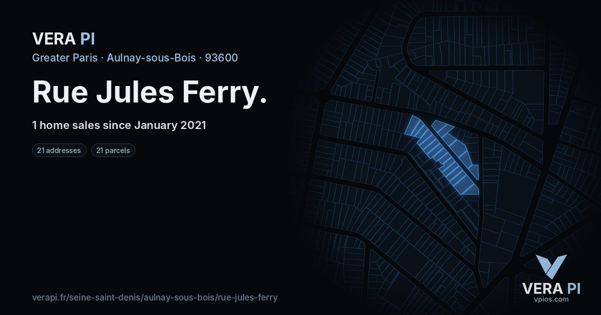 Rue Jules Ferry, Aulnay-sous-Bois at night – every parcel coloured by the prices around it, the street's own parcels lit
