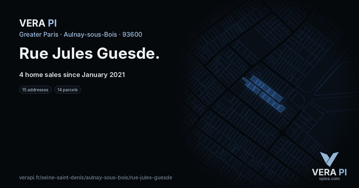 Rue Jules Guesde, Aulnay-sous-Bois at night – every parcel coloured by the prices around it, the street's own parcels lit