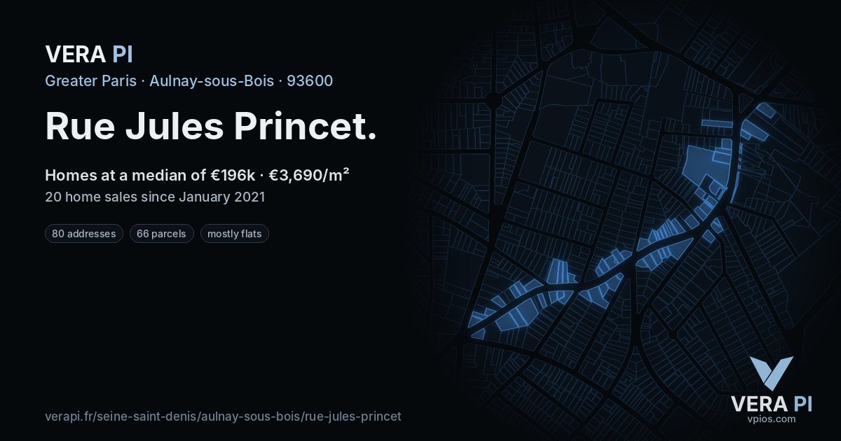 Rue Jules Princet, Aulnay-sous-Bois at night – every parcel coloured by the prices around it, the street's own parcels lit