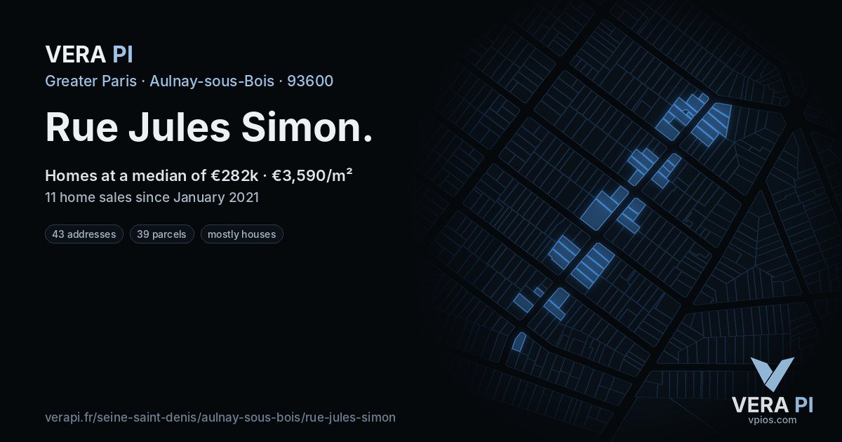 Rue Jules Simon, Aulnay-sous-Bois at night – every parcel coloured by the prices around it, the street's own parcels lit