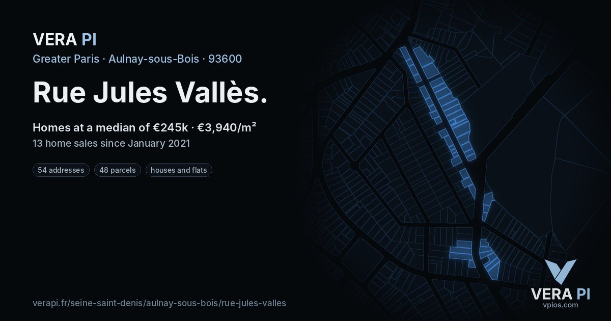 Rue Jules Vallès, Aulnay-sous-Bois at night – every parcel coloured by the prices around it, the street's own parcels lit