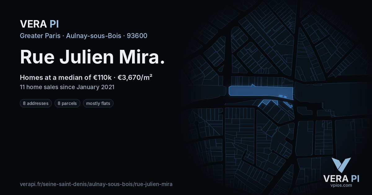 Rue Julien Mira, Aulnay-sous-Bois at night – every parcel coloured by the prices around it, the street's own parcels lit