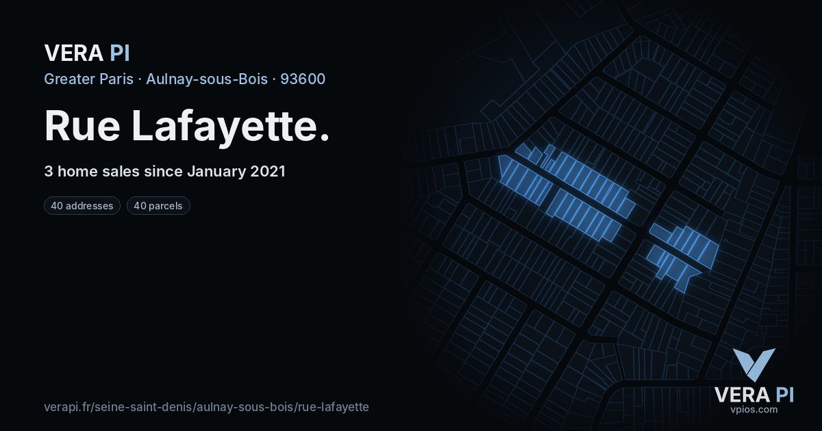 Rue Lafayette, Aulnay-sous-Bois at night – every parcel coloured by the prices around it, the street's own parcels lit