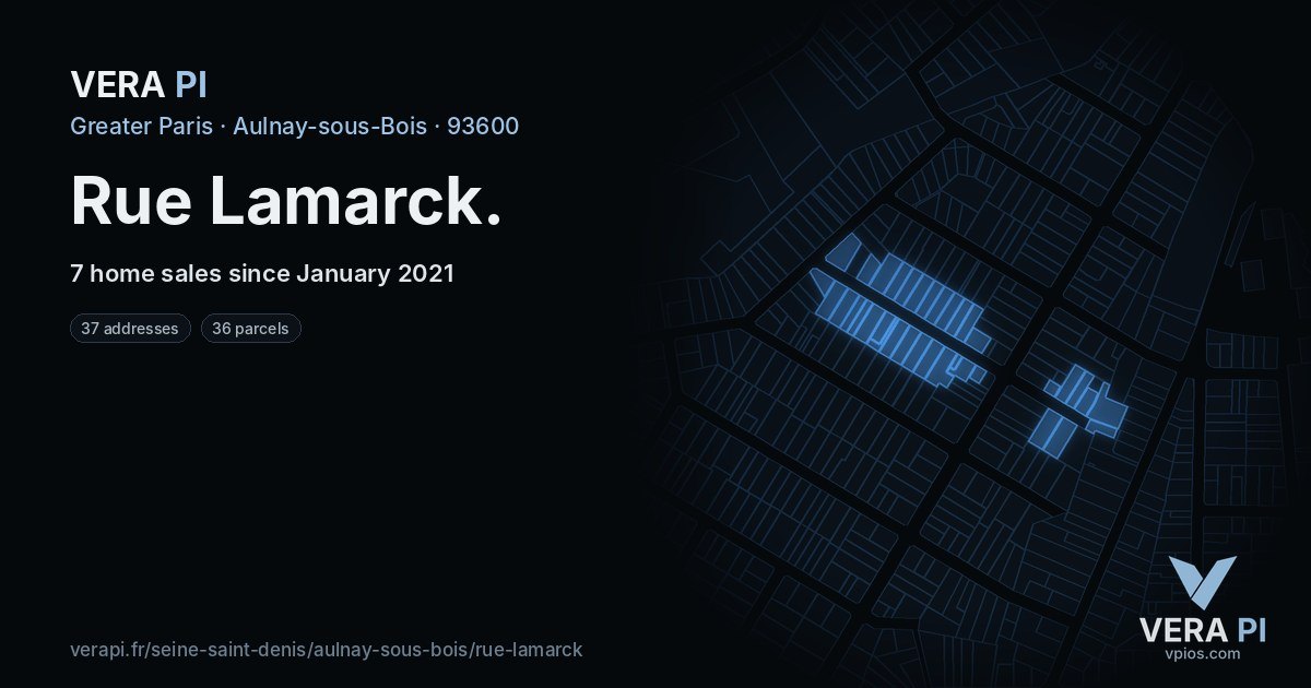 Rue Lamarck, Aulnay-sous-Bois at night – every parcel coloured by the prices around it, the street's own parcels lit