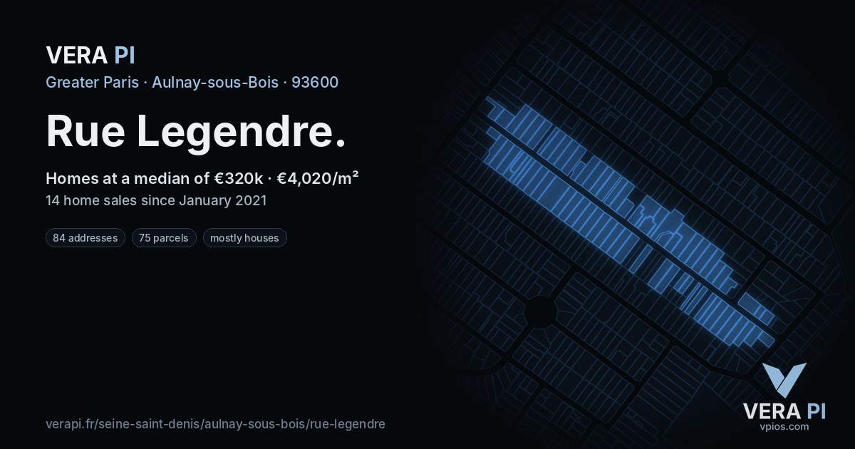 Rue Legendre, Aulnay-sous-Bois at night – every parcel coloured by the prices around it, the street's own parcels lit
