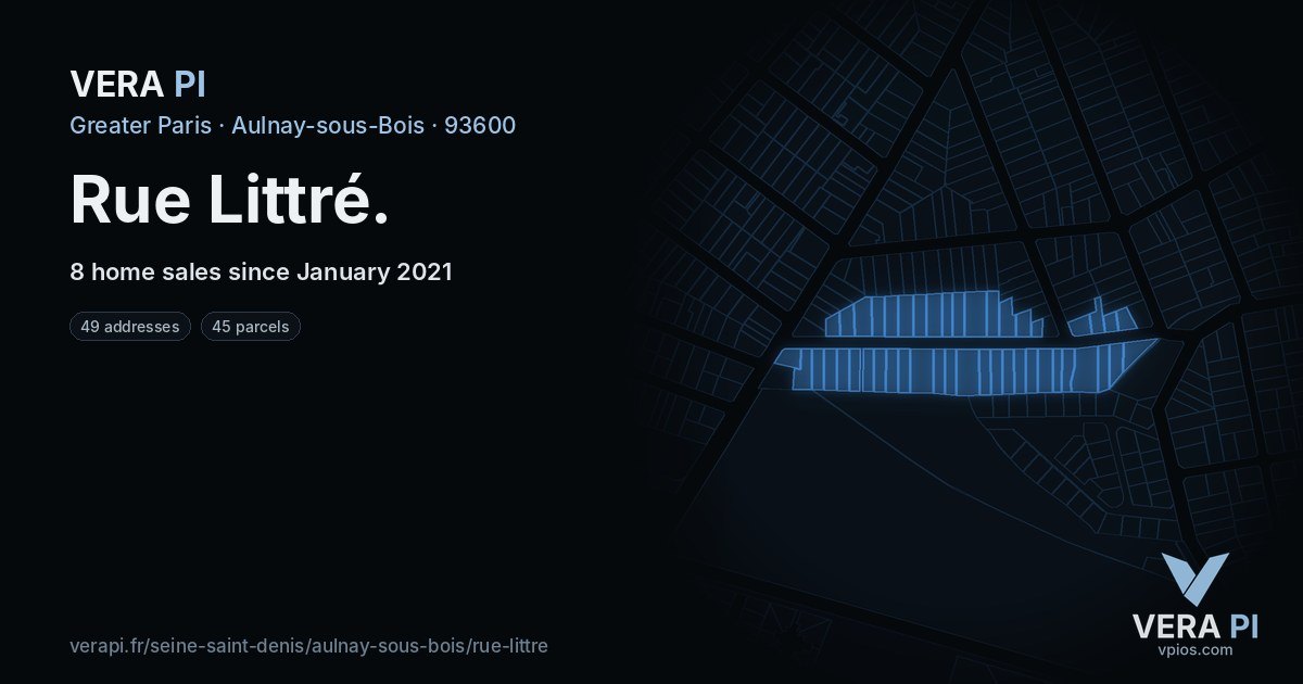Rue Littré, Aulnay-sous-Bois at night – every parcel coloured by the prices around it, the street's own parcels lit