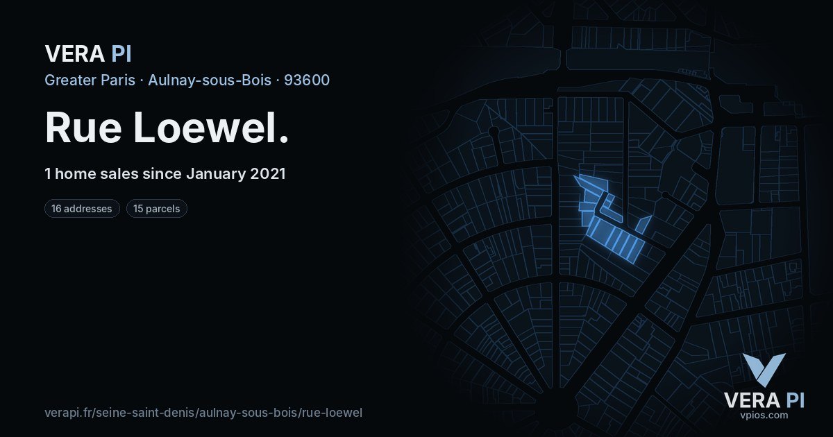 Rue Loewel, Aulnay-sous-Bois at night – every parcel coloured by the prices around it, the street's own parcels lit