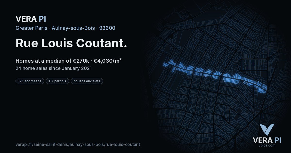 Rue Louis Coutant, Aulnay-sous-Bois at night – every parcel coloured by the prices around it, the street's own parcels lit