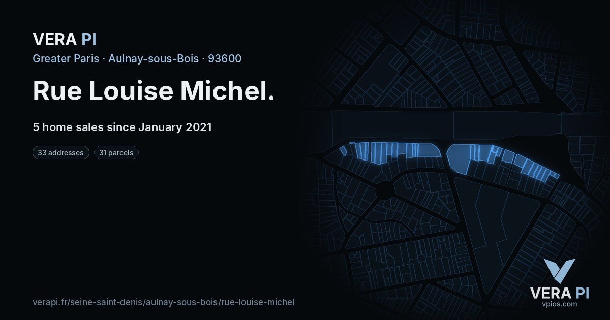 Rue Louise Michel, Aulnay-sous-Bois at night – every parcel coloured by the prices around it, the street's own parcels lit