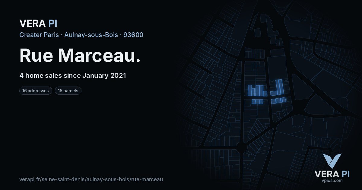 Rue Marceau, Aulnay-sous-Bois at night – every parcel coloured by the prices around it, the street's own parcels lit