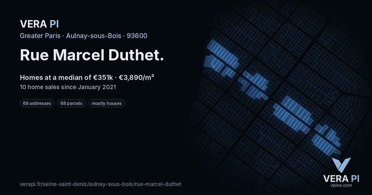 Rue Marcel Duthet, Aulnay-sous-Bois at night – every parcel coloured by the prices around it, the street's own parcels lit