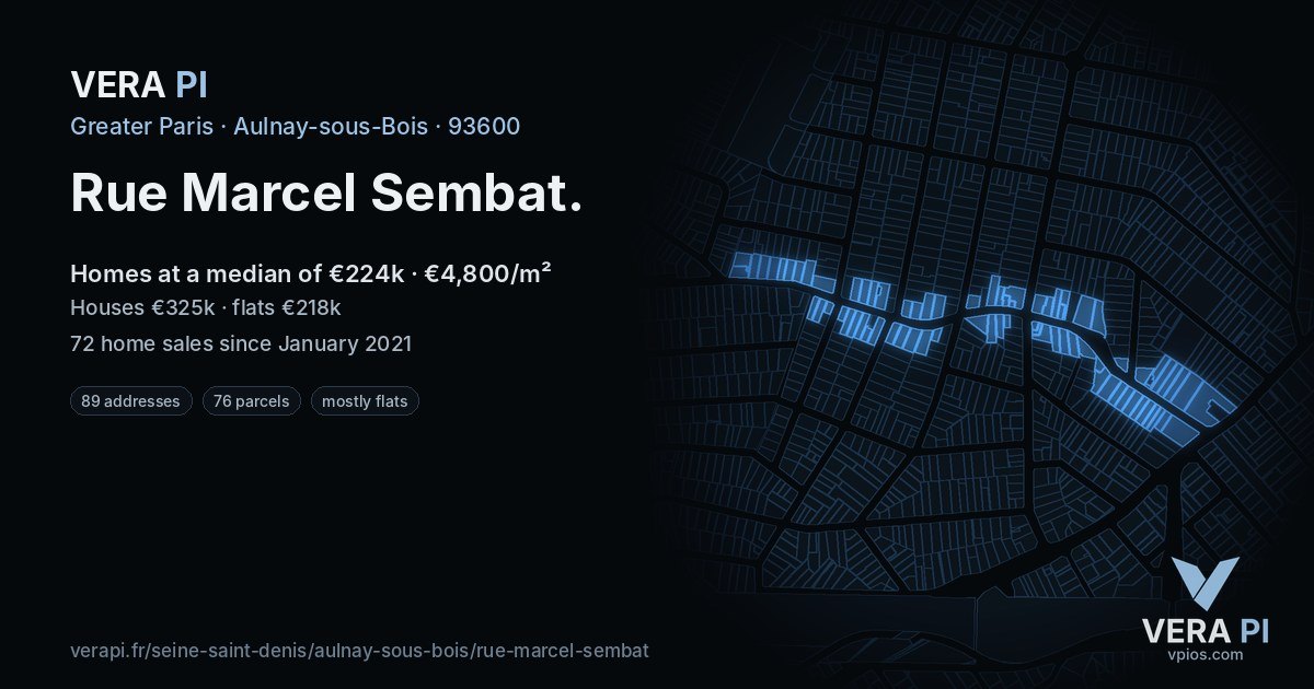 Rue Marcel Sembat, Aulnay-sous-Bois at night – every parcel coloured by the prices around it, the street's own parcels lit