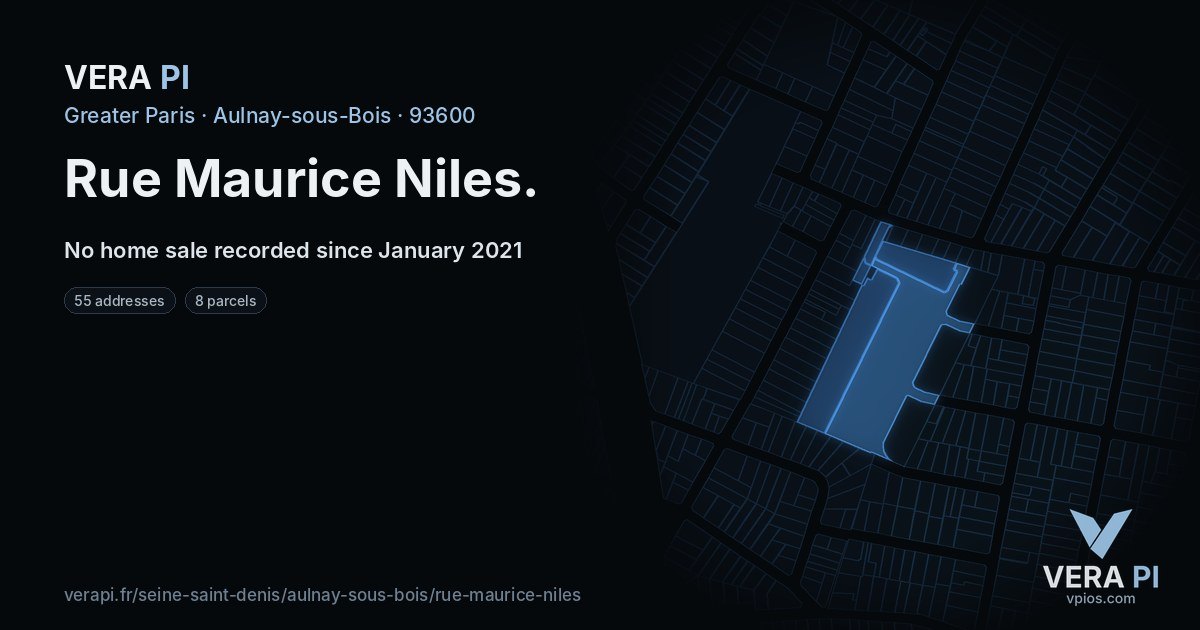 Rue Maurice Niles, Aulnay-sous-Bois at night – every parcel coloured by the prices around it, the street's own parcels lit
