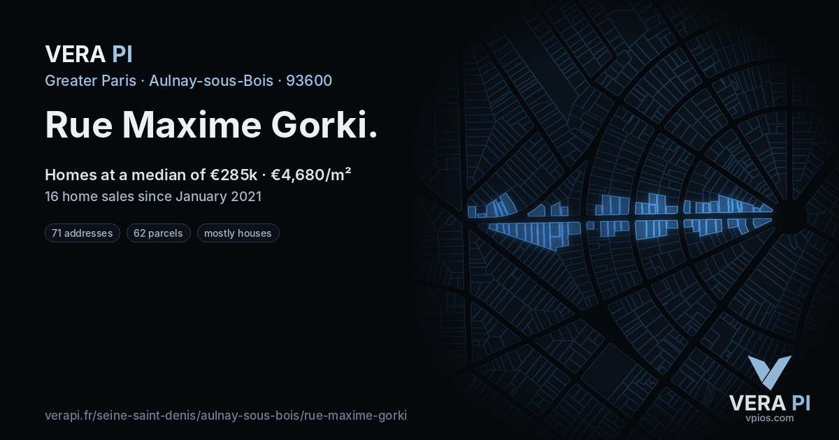 Rue Maxime Gorki, Aulnay-sous-Bois at night – every parcel coloured by the prices around it, the street's own parcels lit