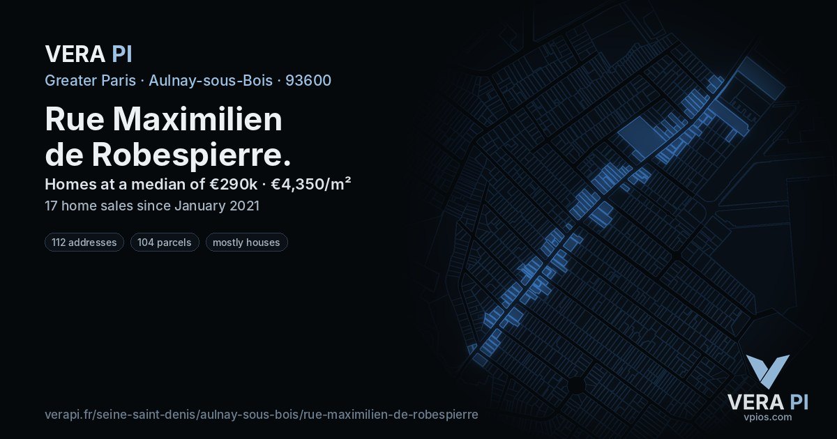 Rue Maximilien de Robespierre, Aulnay-sous-Bois at night – every parcel coloured by the prices around it, the street's own parcels lit