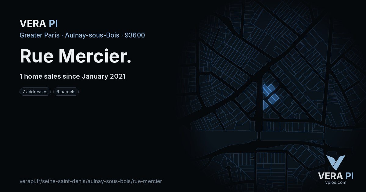 Rue Mercier, Aulnay-sous-Bois at night – every parcel coloured by the prices around it, the street's own parcels lit