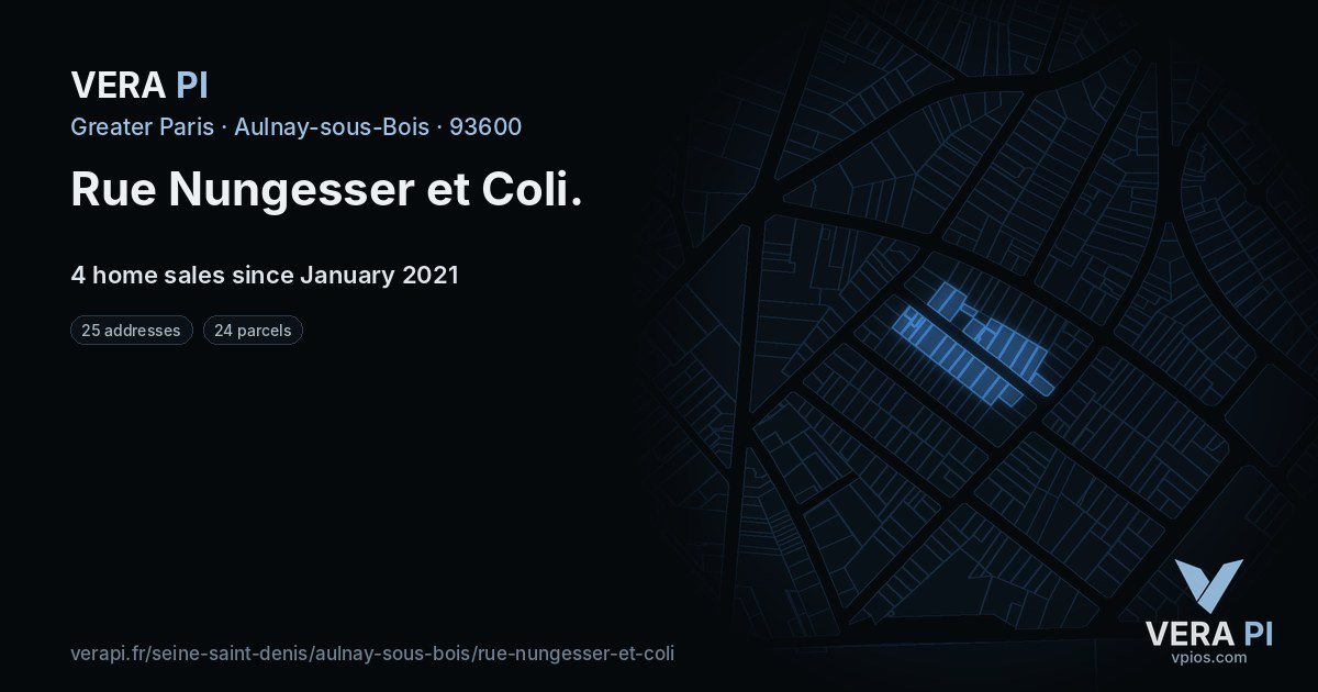 Rue Nungesser et Coli, Aulnay-sous-Bois at night – every parcel coloured by the prices around it, the street's own parcels lit