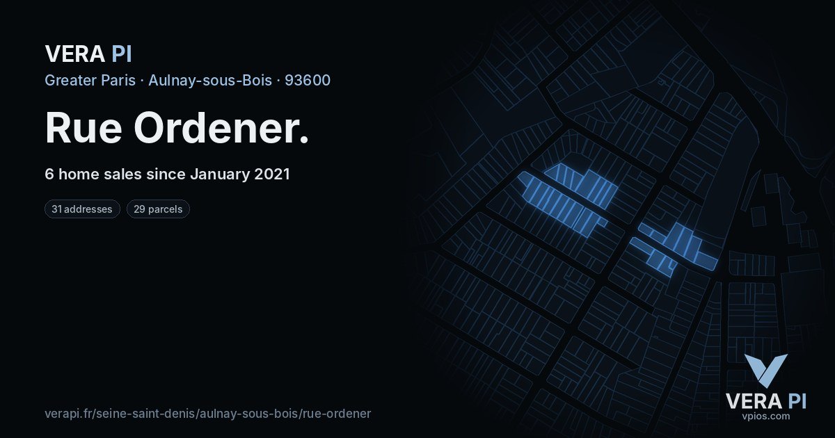 Rue Ordener, Aulnay-sous-Bois at night – every parcel coloured by the prices around it, the street's own parcels lit