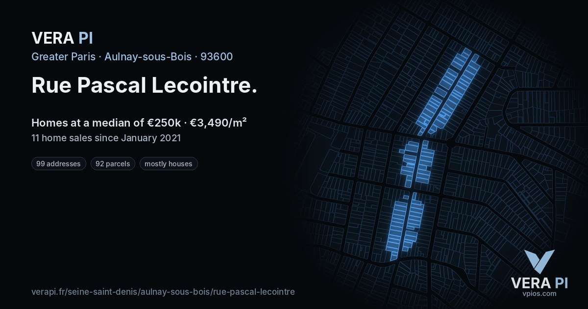 Rue Pascal Lecointre, Aulnay-sous-Bois at night – every parcel coloured by the prices around it, the street's own parcels lit