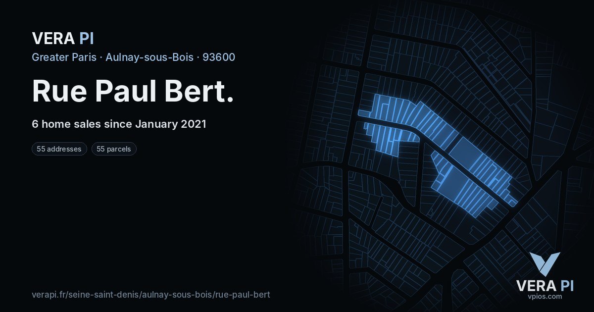Rue Paul Bert, Aulnay-sous-Bois at night – every parcel coloured by the prices around it, the street's own parcels lit