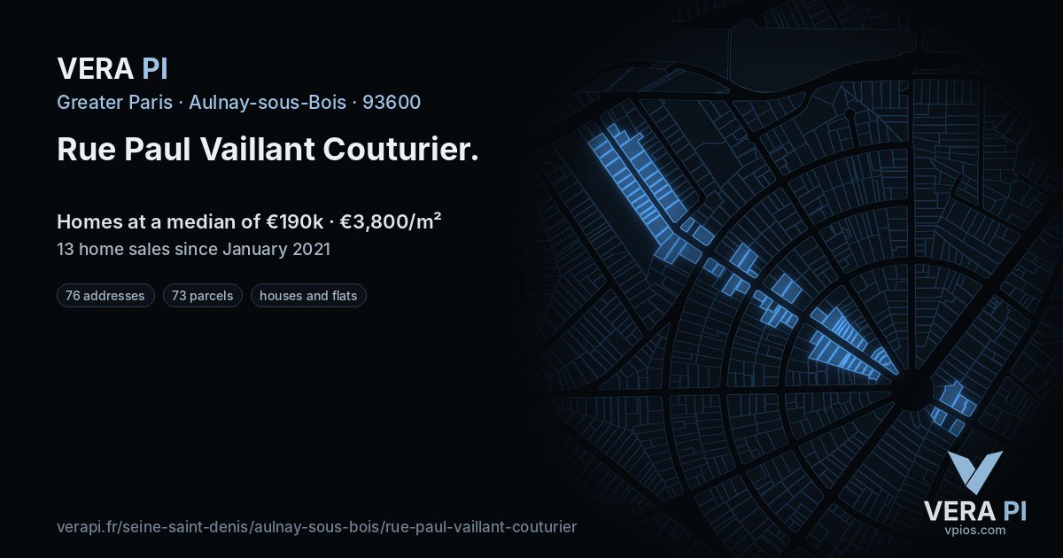 Rue Paul Vaillant Couturier, Aulnay-sous-Bois at night – every parcel coloured by the prices around it, the street's own parcels lit