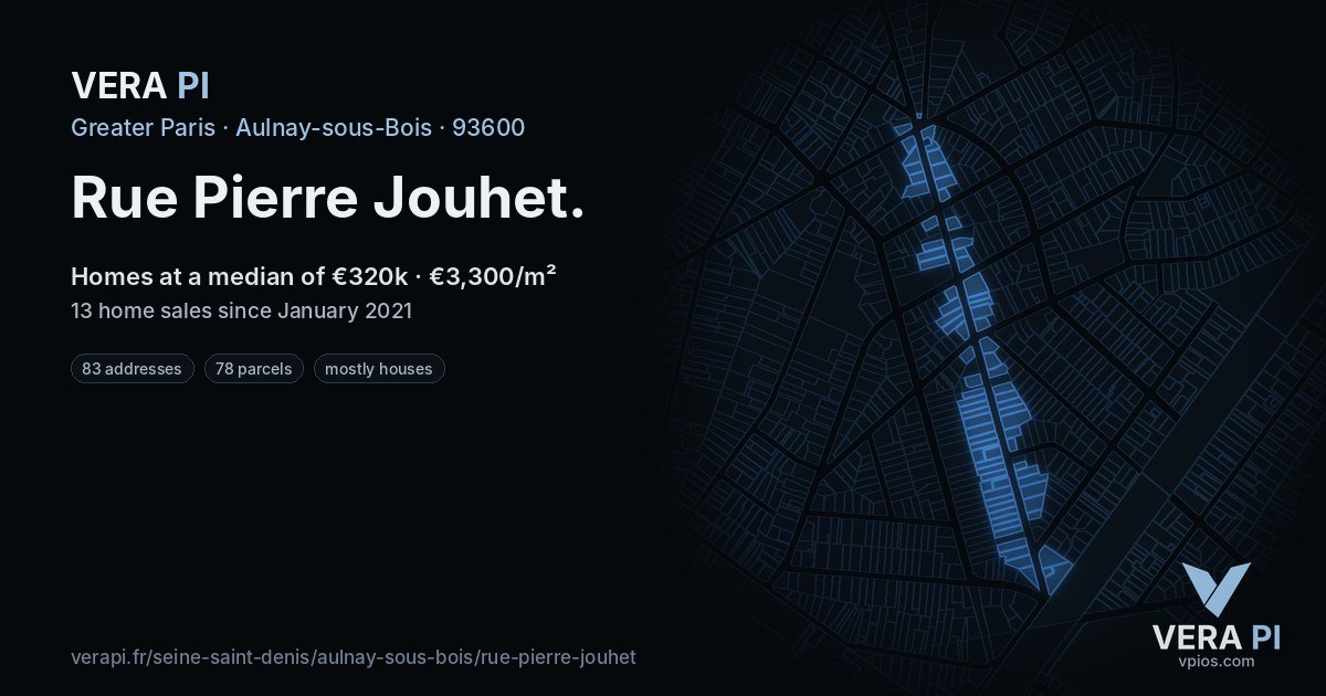 Rue Pierre Jouhet, Aulnay-sous-Bois at night – every parcel coloured by the prices around it, the street's own parcels lit