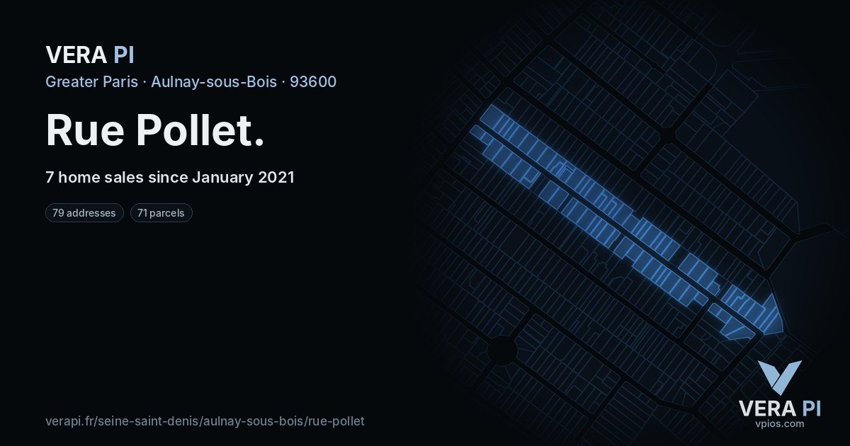 Rue Pollet, Aulnay-sous-Bois at night – every parcel coloured by the prices around it, the street's own parcels lit