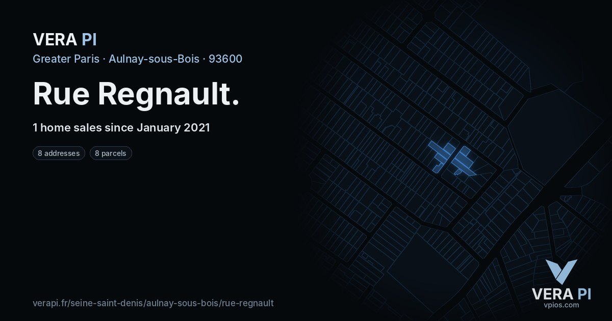 Rue Regnault, Aulnay-sous-Bois at night – every parcel coloured by the prices around it, the street's own parcels lit