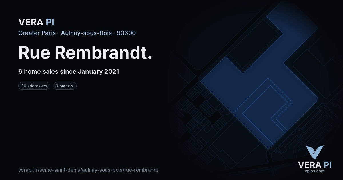 Rue Rembrandt, Aulnay-sous-Bois at night – every parcel coloured by the prices around it, the street's own parcels lit