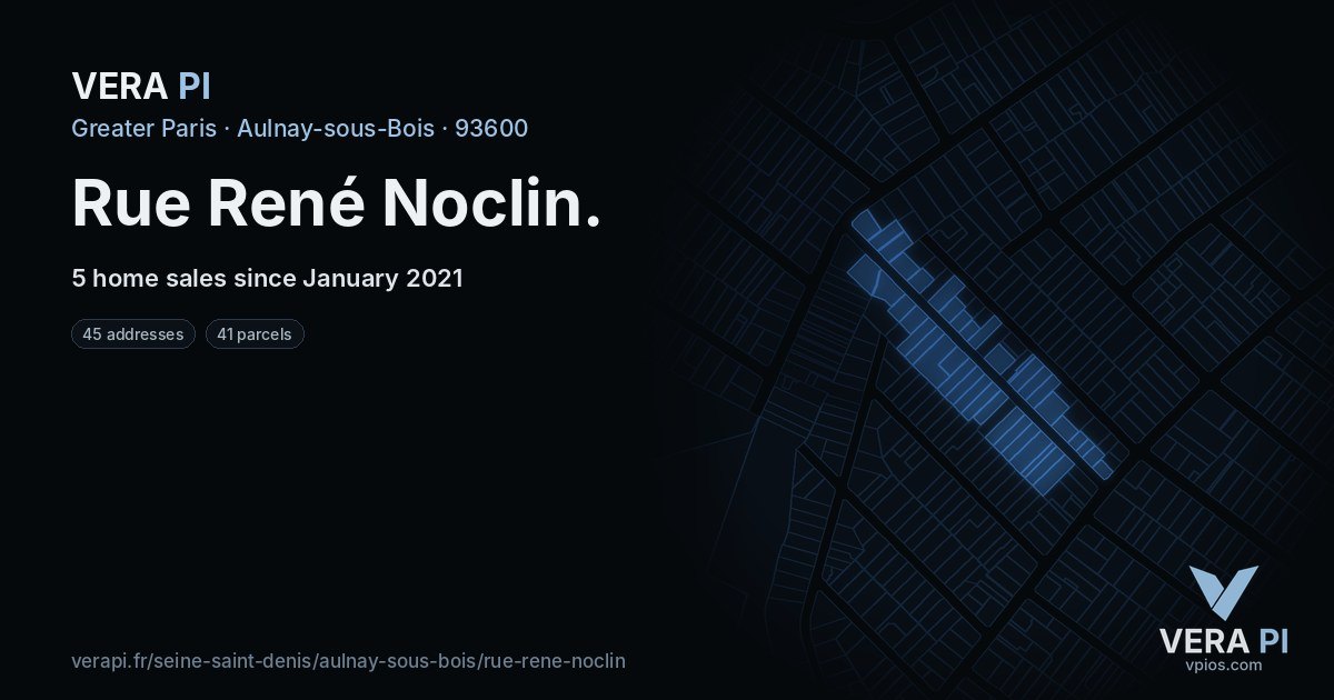 Rue René Noclin, Aulnay-sous-Bois at night – every parcel coloured by the prices around it, the street's own parcels lit