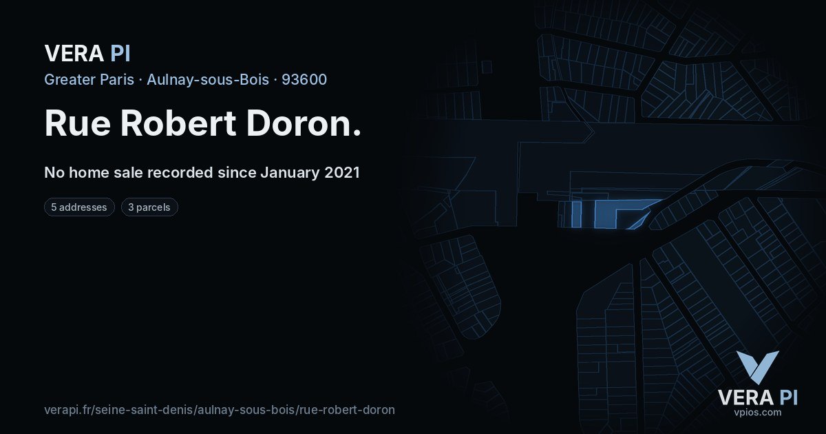 Rue Robert Doron, Aulnay-sous-Bois at night – every parcel coloured by the prices around it, the street's own parcels lit