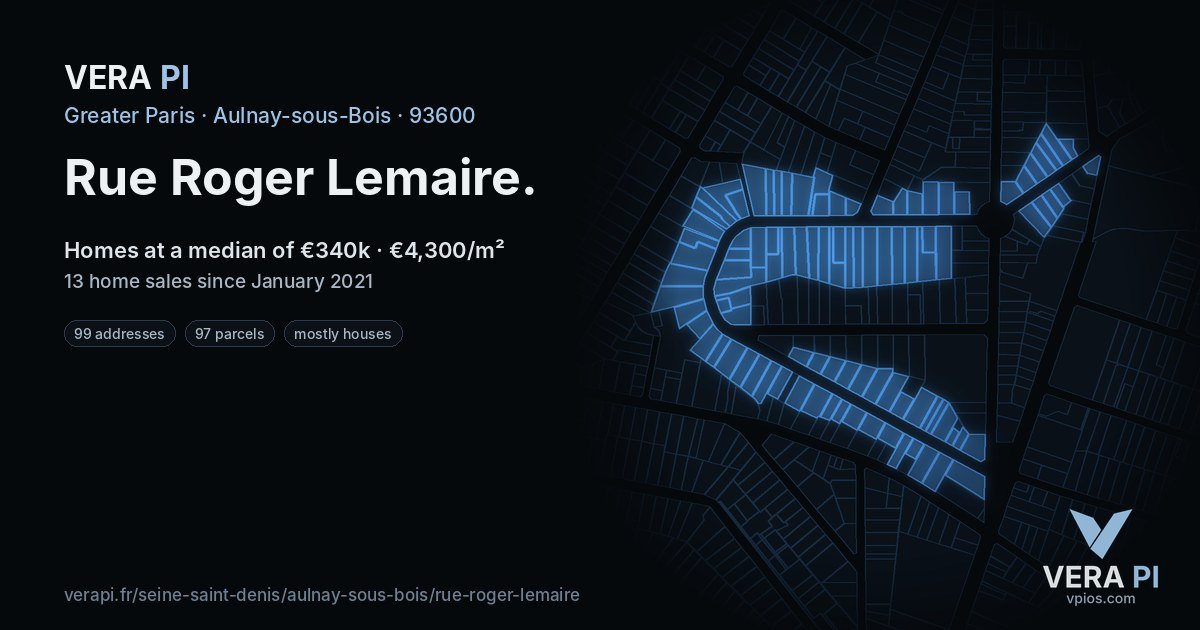 Rue Roger Lemaire, Aulnay-sous-Bois at night – every parcel coloured by the prices around it, the street's own parcels lit