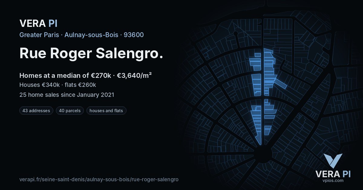 Rue Roger Salengro, Aulnay-sous-Bois at night – every parcel coloured by the prices around it, the street's own parcels lit