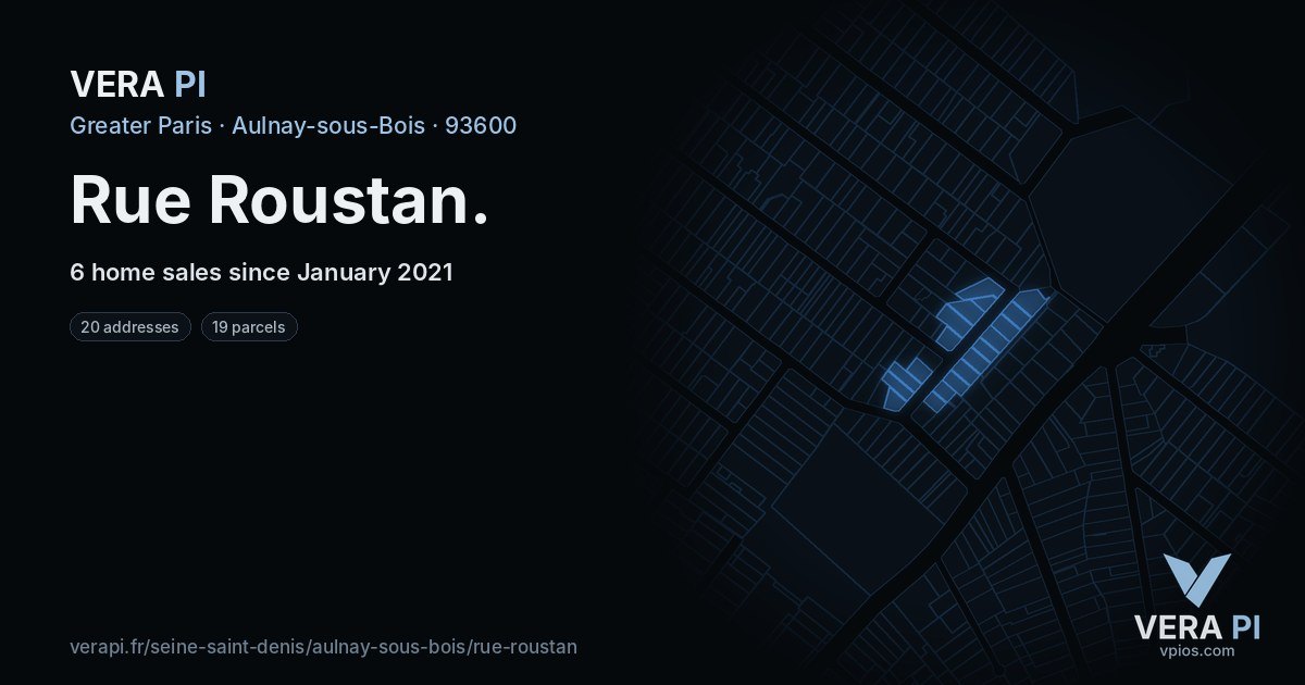 Rue Roustan, Aulnay-sous-Bois at night – every parcel coloured by the prices around it, the street's own parcels lit
